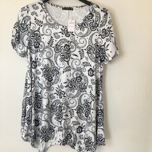 ENMAIN Tunic Tops for Women  Short Sleeve , Loose Fit Top, White floral, L , New